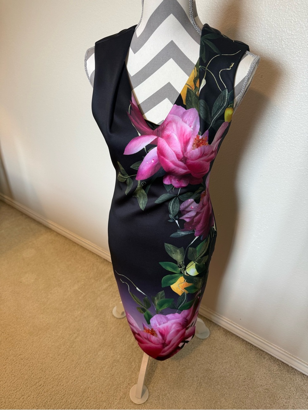 Ted Baker Black Midi Dress with Pink Floral Print